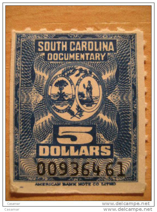 South Carolina Documentary 5 Dollars American Bank Note Co Litho - Steuermarken