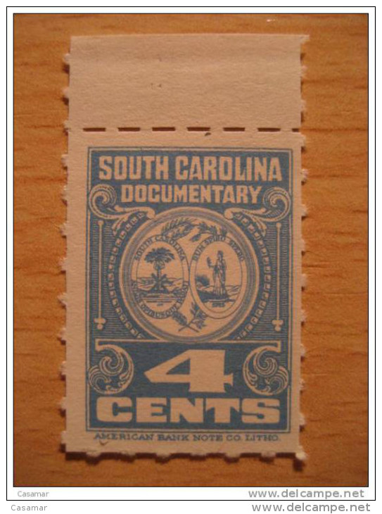 South Carolina Documentary 4 Cents American Bank Note Co - Fiscali