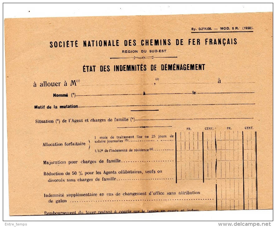 Formulaire SNCF 1938 INDEMNITES   DEMENAGEMENT - Verzamelingen