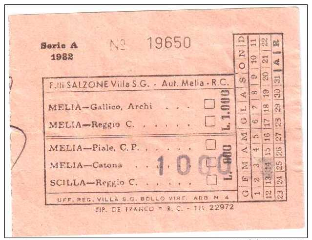 BIGLIETTO BUS VILLA SAN GIOVANNI MELIA ANNI 60 LIRE 1000 - Non Classés