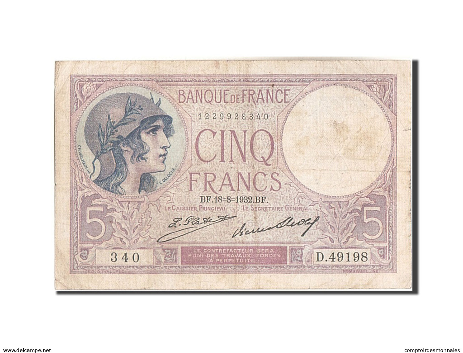 Billet, France, 5 Francs, 5 F 1917-1940 ''Violet'', 1932, 1932-08-18, TB+ - 5 F 1917-1940 ''Violet''