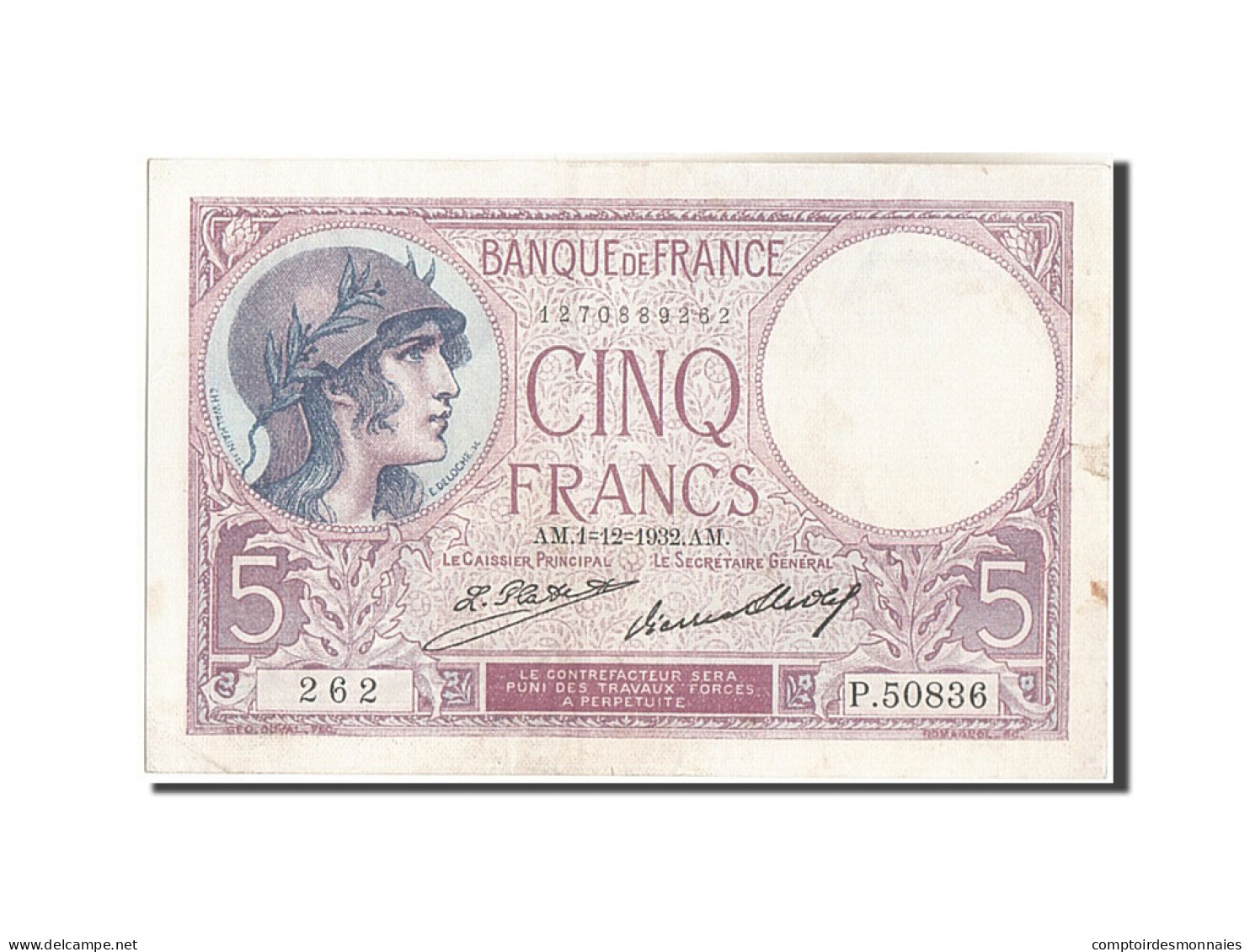 Billet, France, 5 Francs, 5 F 1917-1940 ''Violet'', 1932, 1932-12-01, TTB+ - 5 F 1917-1940 ''Violet''