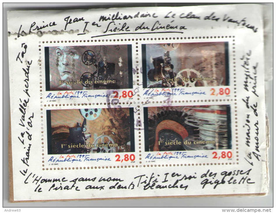 FRANCIA - France - 1995 - Bloc-feuillet - CINEMA - Y&T N° 2919 à 2922 Oblitéré - Fragment Appliqué Sur Carton - Used