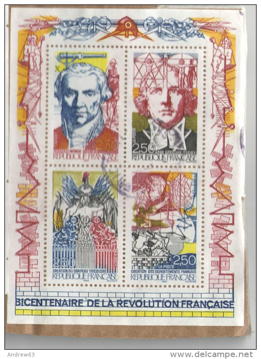 FRANCIA - France - 1990 - Bloc-feuillet - Bicentenaire De La Révolution - Oblitéré - Fragment Appliqué Sur Carton - Used