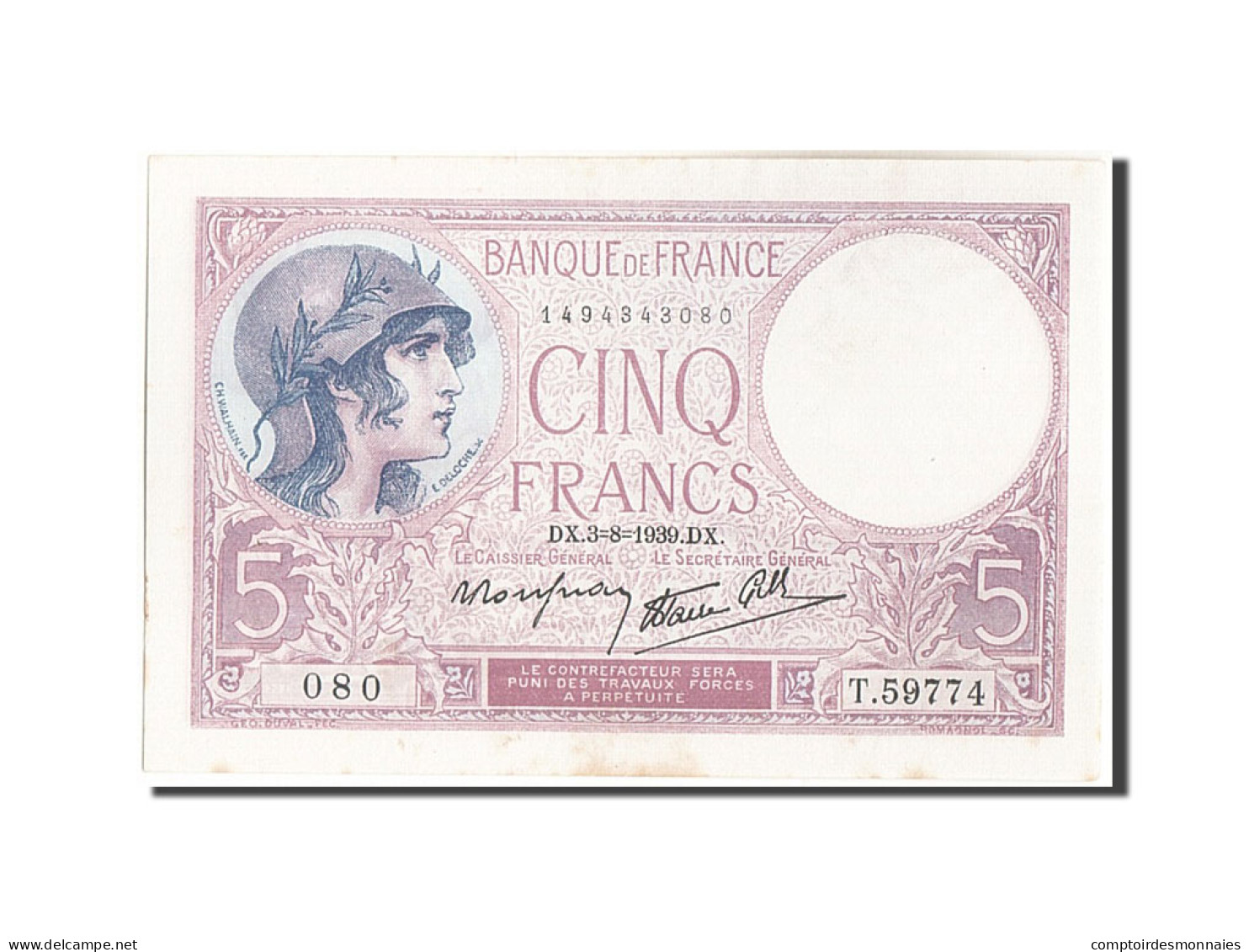 Billet, France, 5 Francs, 5 F 1917-1940 ''Violet'', 1939, 1939-08-03, SUP+ - 5 F 1917-1940 ''Violet''