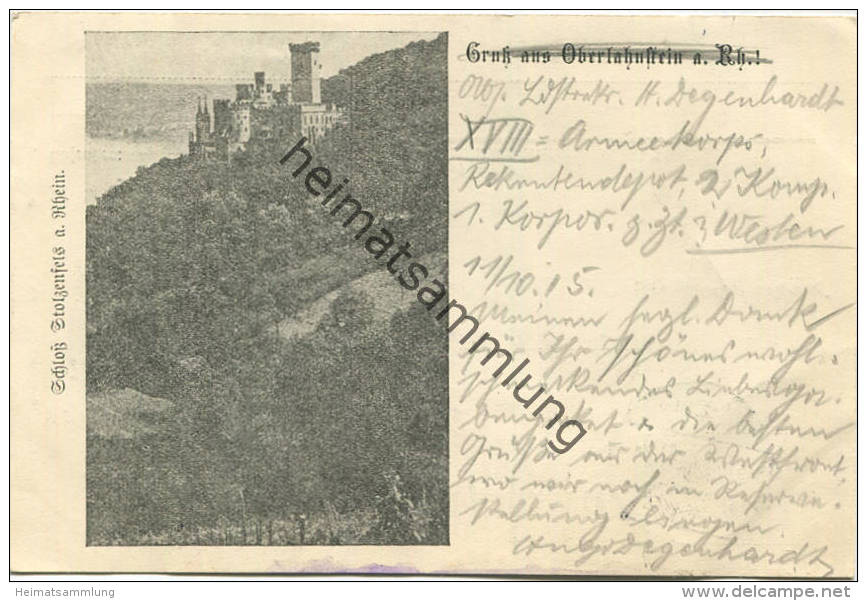 Schloss Stolzenfels - Oberlahnstein - Feldpost Gel. 1915 - Lahnstein