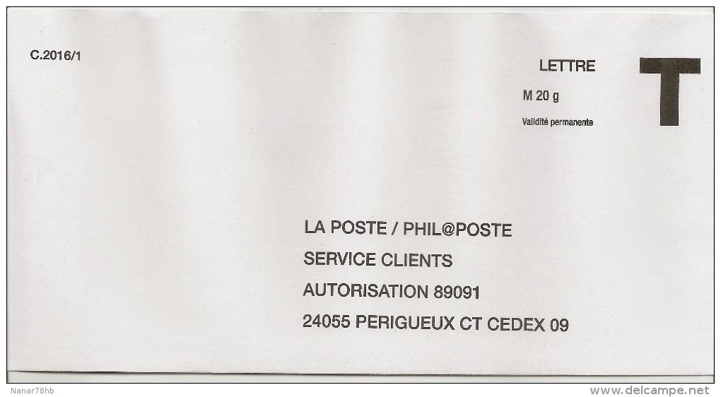 Enveloppe T M20gr C.2016/1 La Poste/phil@poste - Cartes/Enveloppes Réponse T