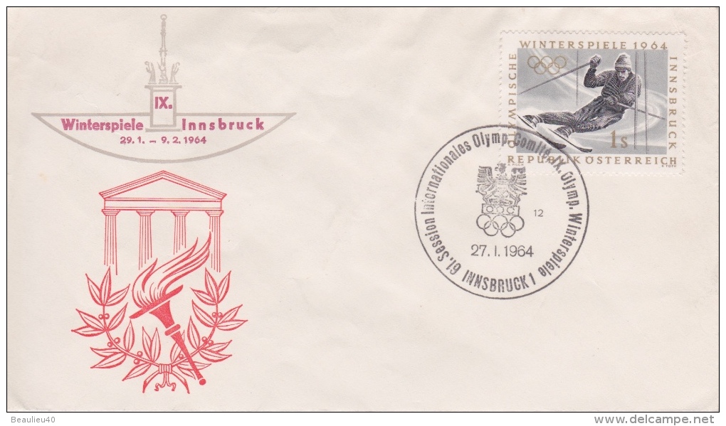 ENVELOPPE  TIMBRÉE AVEC CACHET JEUX OLYMPIQUES  INNSBRUCK   27.1.1964 - Hiver 1964: Innsbruck