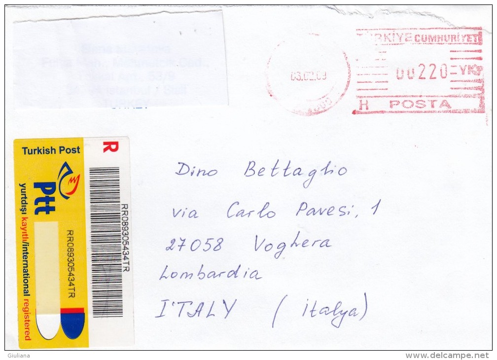 Turcia 2009 - - Lettera X L´Italia  Racc. Con Affrancatura Meccanica Rossa - Lettres & Documents