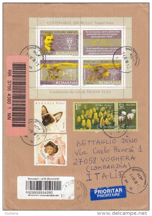 Romania 2008   -  Lettera Racc. X L´Italia Affrancata Con 4 Stamps+ Foglietto - Postmark Collection