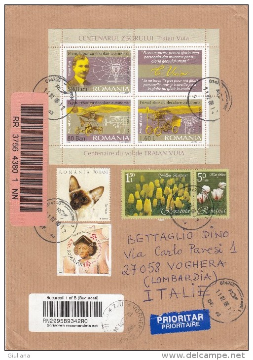 Romania 2008   -  Lettera Racc. X L´Italia Affrancata Con 4 Stamps+ Foglietto - Marcophilie