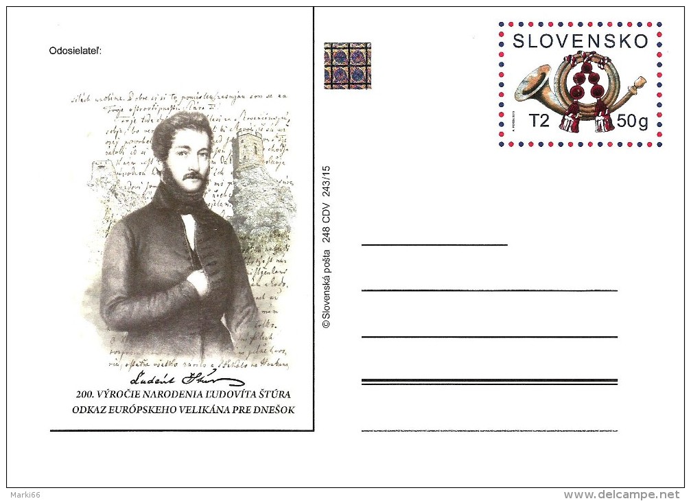 Slovakia - 2015 - Personalities - 200th Birth Anniversary Of Ludovít Stur, Poet And Historian - Postcard With Hologram - Postkaarten