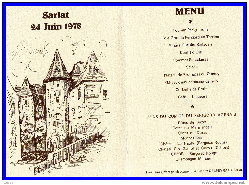 FFR.57éme CONGRES - SARLAT 24JUIN 1978 Menu(recto Versos) - Rugby