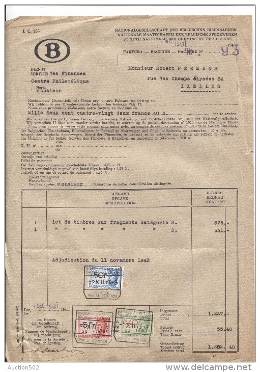 Facture Du Service Des Finances Centre Philatélique SNCB+adjudication C.BXL Petite-Ile 1/10/1943 TP Fiscaux PR2703 - Otros & Sin Clasificación