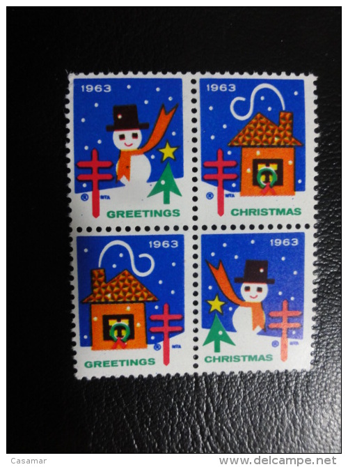 1963 Simetrical 4 Different Bloc 4 Snowman Vignette Christmas Seals Seal Poster Stamp USA - Unclassified