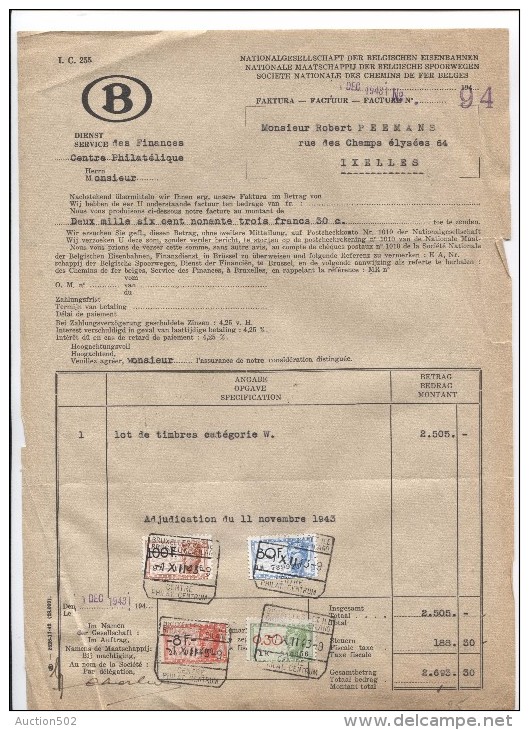 Facture Du Service Des Finances Centre Philatélique SNCB+adjudication C.BXL Petite-Ile 1/12/1943 TP Fiscaux PR2704 - Otros & Sin Clasificación