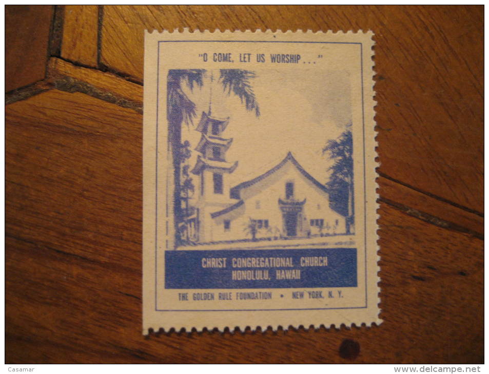 Honolulu Hawaii Christ Congregational Church Religion Poster Stamp Label Vignette Vi&ntilde;eta USA - Hawaii