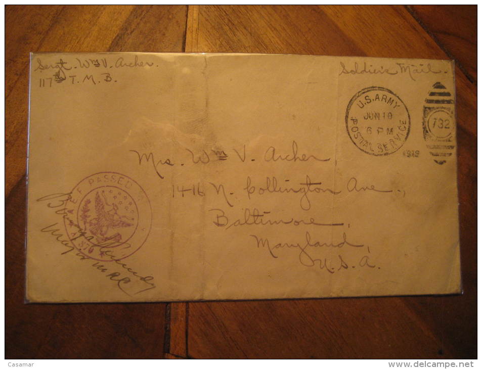 Soldier Mail 1918 To Baltimore Passed By Censor U.S. Army Cover USA - Lettres & Documents