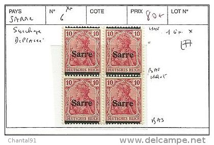 SARRE N° 6 ** SURCHARGE DEPLACEE BLOC DE 4 - Blokken & Velletjes