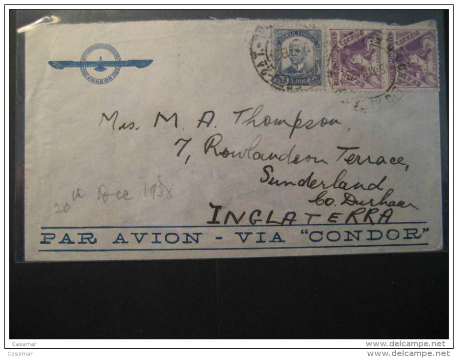 1938 Par Avion VIA CONDOR To Sunderland England UK GB 3 Stamp On Air Mail Cover BRASIL BRAZIL - Poste Aérienne (Compagnies Privées)