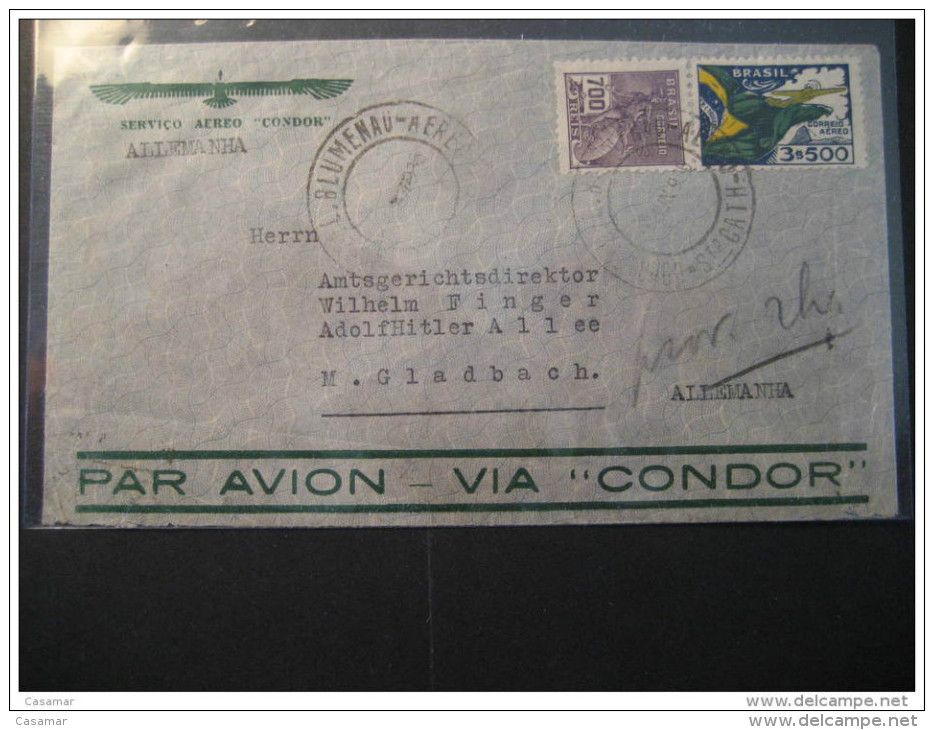 Blumenau 1936 To M. Gladbach Par Avion VIA CONDOR Hitler Writed Paris France Cancel 2 Stamp Air Mail Cover BRASIL BRAZIL - Posta Aerea (società Private)