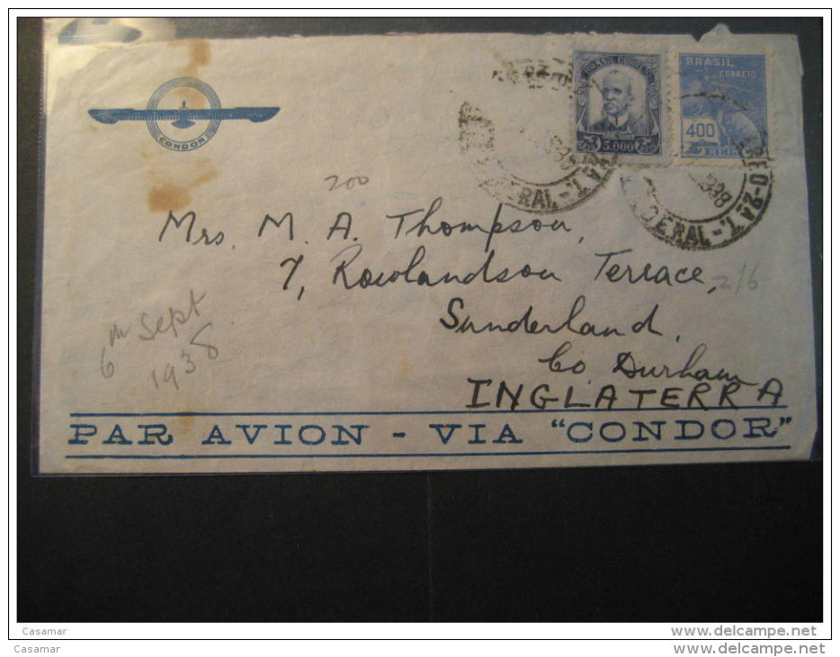 1938 Par Avion VIA CONDOR To Sunderland England UK GB 2 Stamp On Air Mail Cover BRASIL BRAZIL - Aéreo (empresas Privadas)