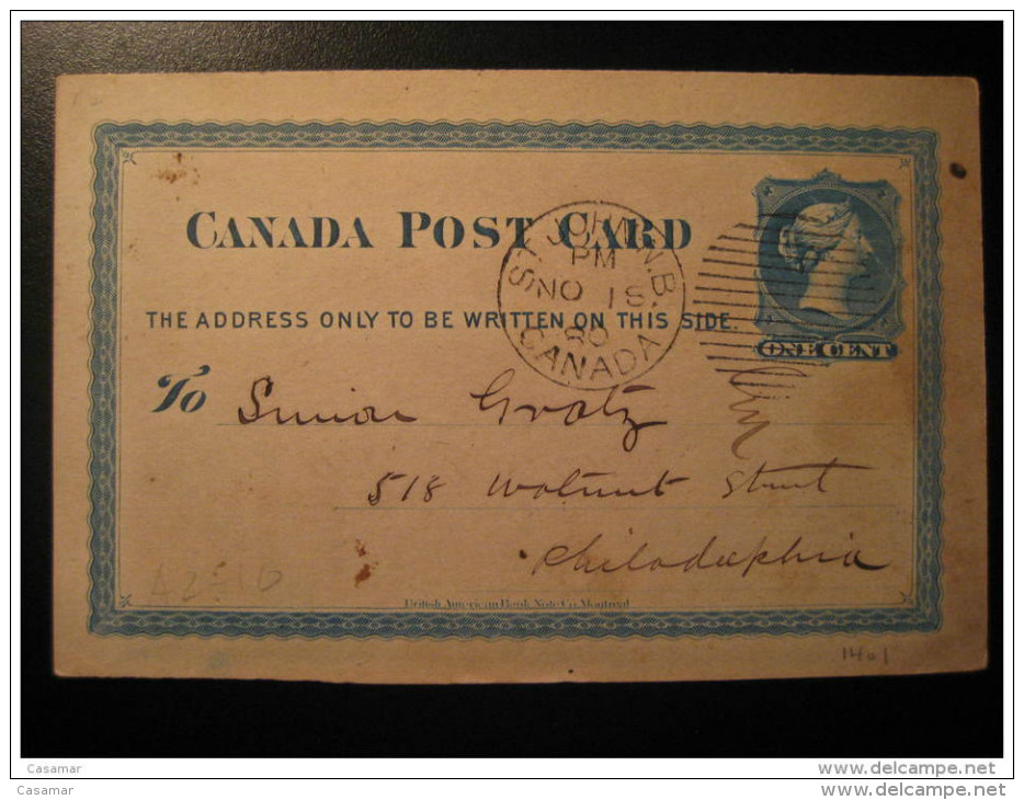 St. John N.B. 1880 To Philadelphia USA Postal Stationery Post Card Canada - 1860-1899 Reign Of Victoria