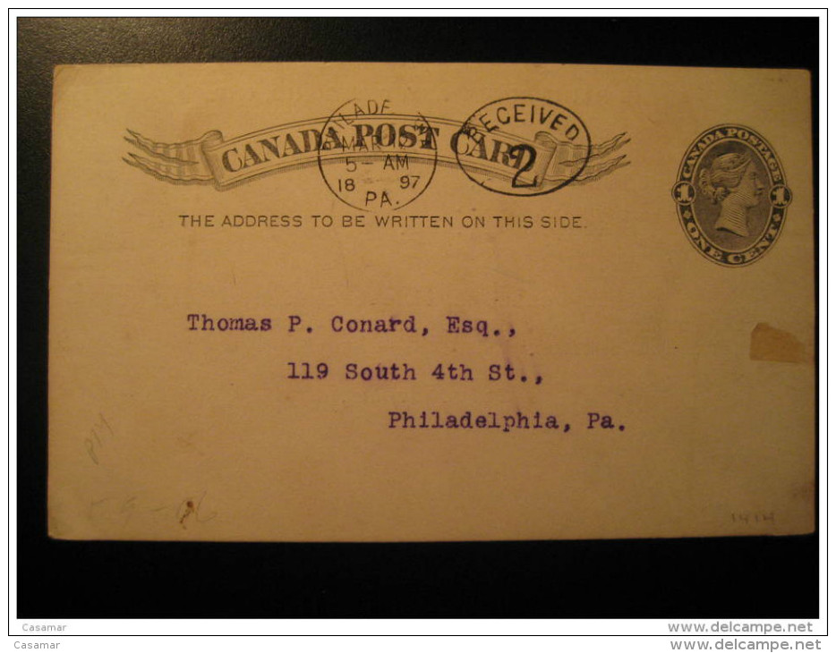 Deseronto 1897 To Philadelphia USA RECEIVED 2 Cancel Tax Postal Stationery Post Card One Cent Canada - 1860-1899 Reinado De Victoria