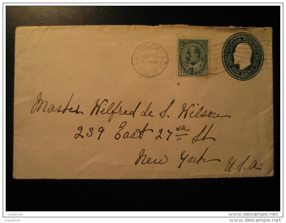 Hamilton 1907 To New York NY USA Postal Stationery Cover One Cent + Stamp CANADA - 1903-1954 Reyes