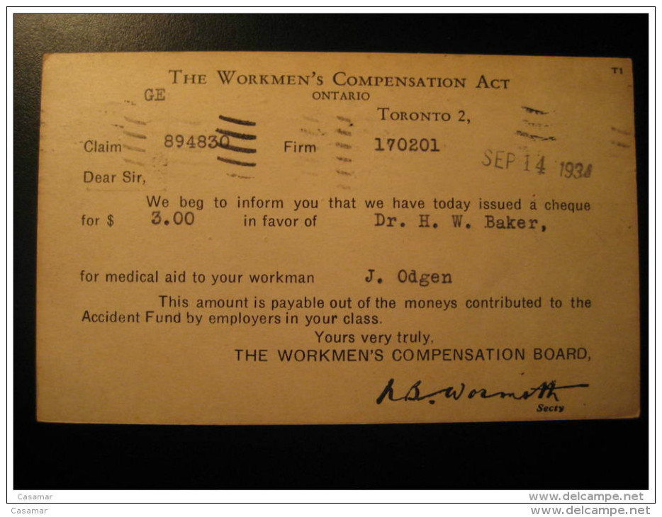 Toronto 1934 To Woodstock CANADA Business Postal Stationery WORKMEN 'S COMPENSATION Post Card Two Cent - 1903-1954 Kings