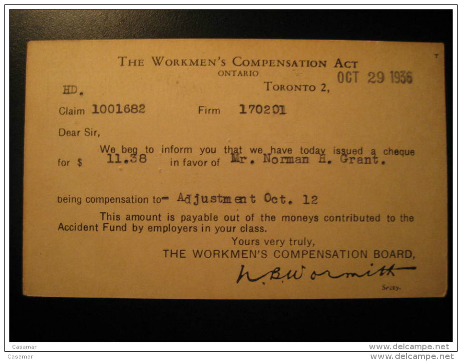 Toronto 1936 To Woodstock CANADA Business WORKMEN 'S COMPENSATION Postal Stationery Post Card Two Cent - 1903-1954 Reyes