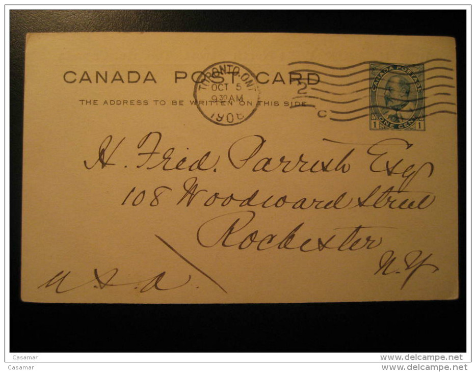 Toronto 1908 To Rochester NY USA Postal Stationery Geo H Grundy Post Card One Cent CANADA - 1903-1954 De Koningen