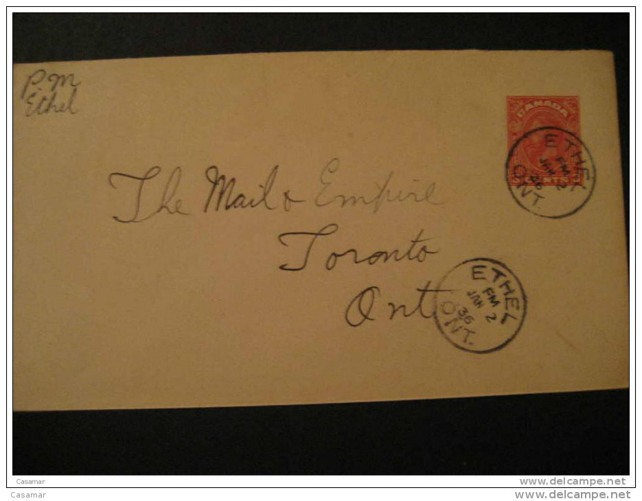 1936 Ethel To Toronto Ontario 3c Sobre Entero Postal Cover Stationery Canada - 1903-1954 Kings