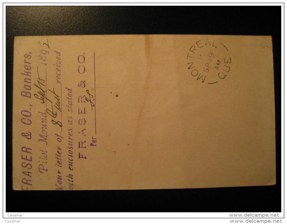 Pilot Mound 1892 To Montreal Postal Stationery FRASER & CO Post Card One Cent CANADA - 1860-1899 Règne De Victoria