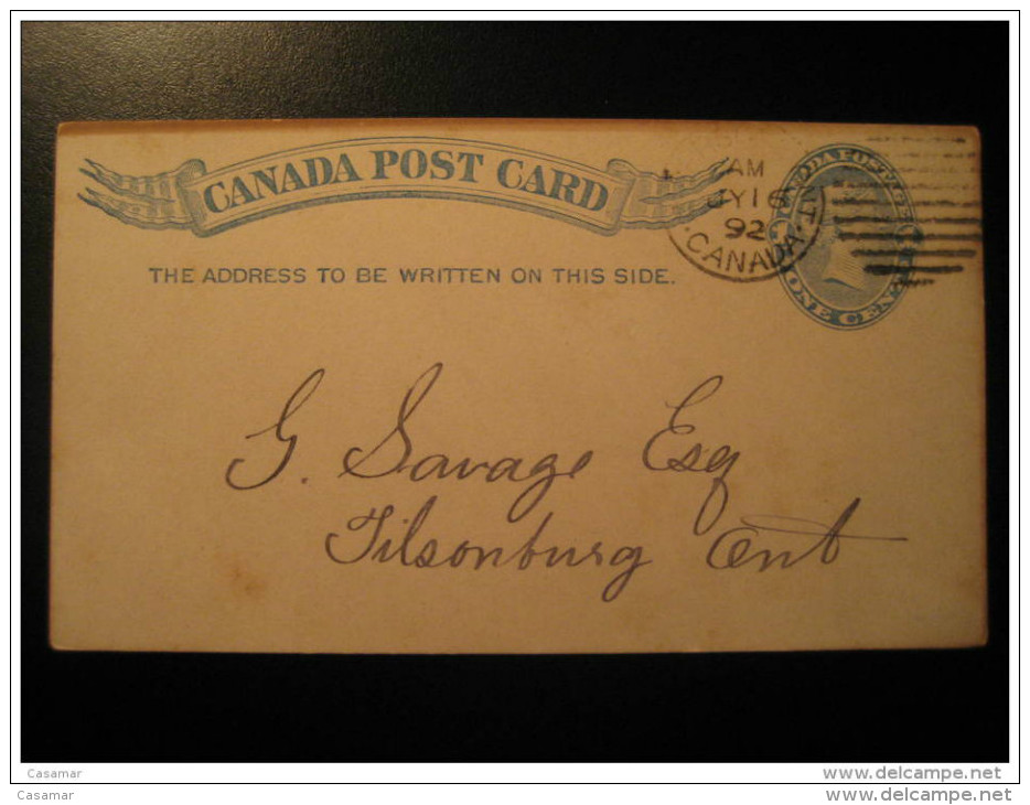 Ingersoll 1892 To Tilsonburg Postal Stationery Post Card One Cent CANADA - 1860-1899 Règne De Victoria