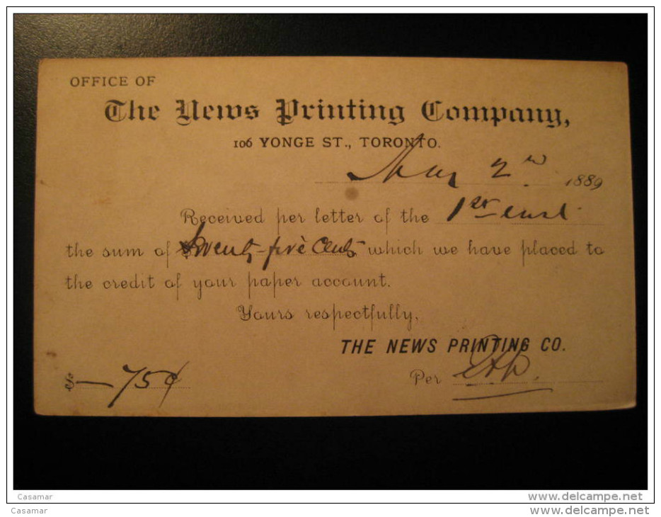 Toronto 1889 To Armadale AUSTRALIA ? Postal Stationery Post Card THE NEWS PRINTING COMPANY One Cent CANADA - 1860-1899 Regering Van Victoria