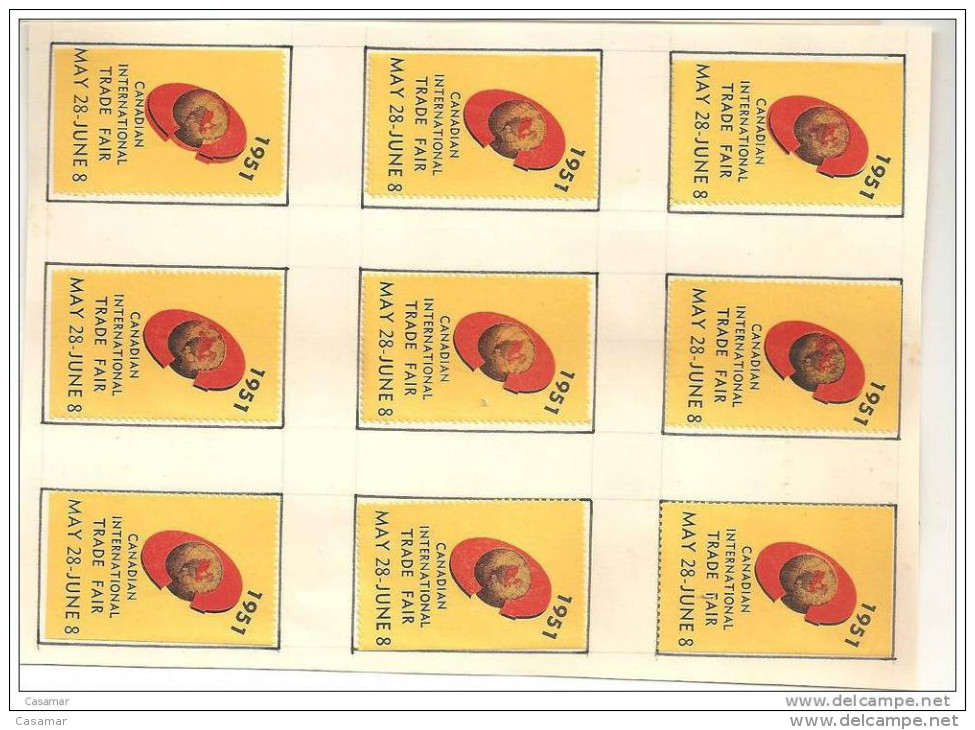 9 Different Dentelures Canadian International Trade Fair 1951 4 Cornes Shett +4 Lateral +1 Normal Vignette Poster Stamp - Local, Strike, Seals & Cinderellas