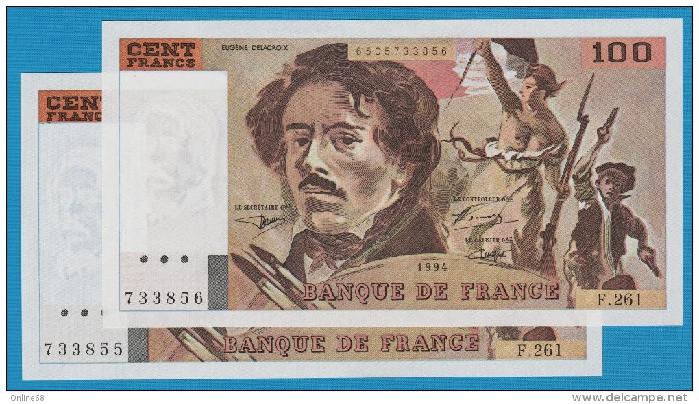 FRANCE LOT 2 X 100 FRANCS 1994 DELACROIX SERIE F.261 No CONSECUTIFS - 100 F 1978-1995 ''Delacroix''