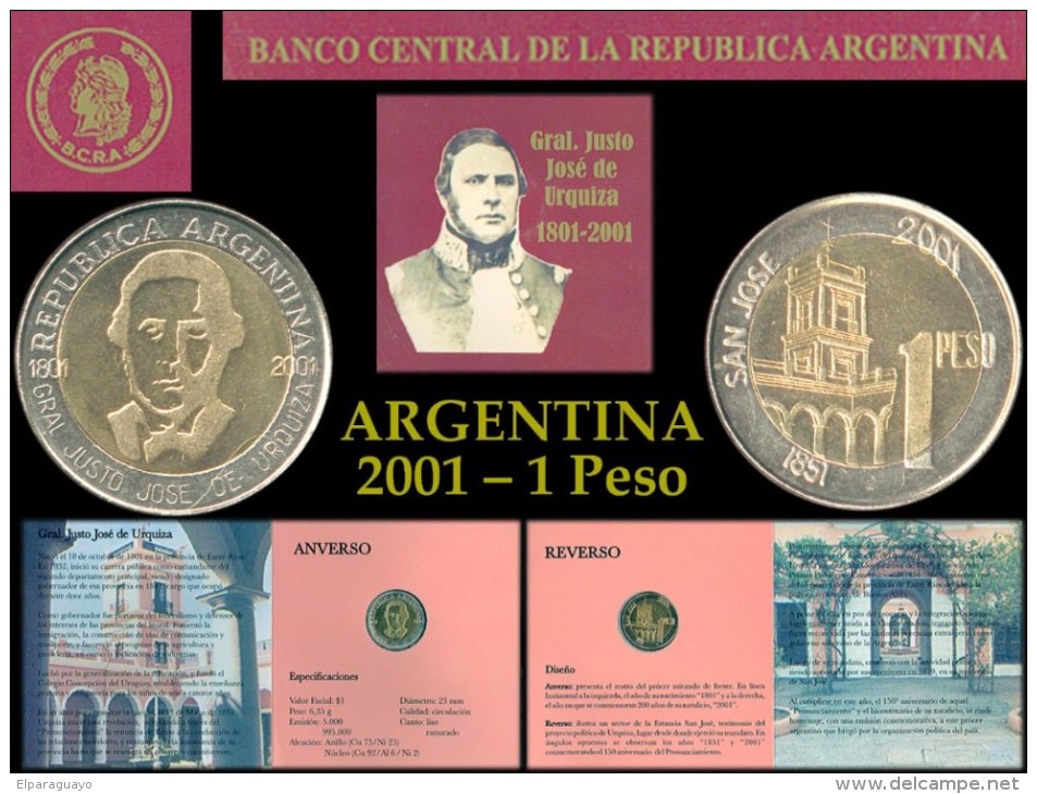 ARGENTINA Moneda - Blister Conmemorativo De Urquiza Año 2001 Blister Urquiza 1 Peso Canto Liso Año 2001 - Argentina