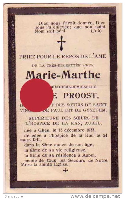 Soeur Marie Marthe  Barbe Proost Gheel 1833 Sr De St Vincent De Paul Gysegem  Supérieure à La Kan AUBEL - Autres & Non Classés