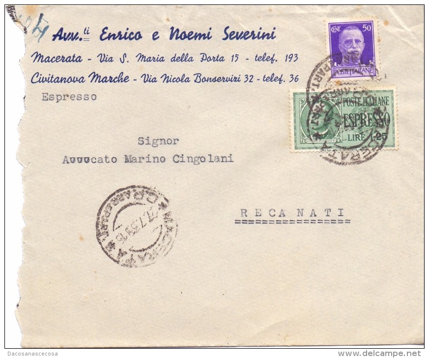 SS - AVV.TI ENRICO E NOEMI SEVERINI - MACERATA -12X15 - EXP - ANNO 1939 - TEMA TOPIC COMUNI D'ITALIA - STORIA POSTALE - Macchine Per Obliterare (EMA)