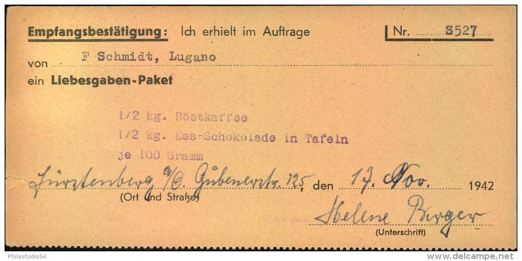 1942, FÜRSTENBERG (ODER); BRANDENBURG;  Liebesgaben-Paket Empfangsbestätigung, - Autres & Non Classés