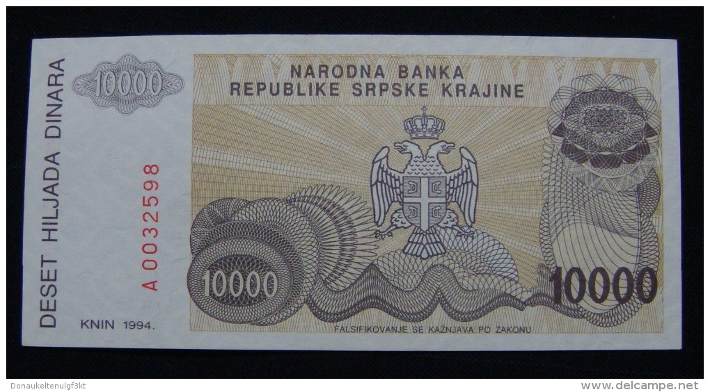 CROATIA *REPUBLIKA SRPSKA KRAJINA* 10,000 DINARA 1994. PICK-R31, UNC. SERIAL# A 0032598 - Croatia