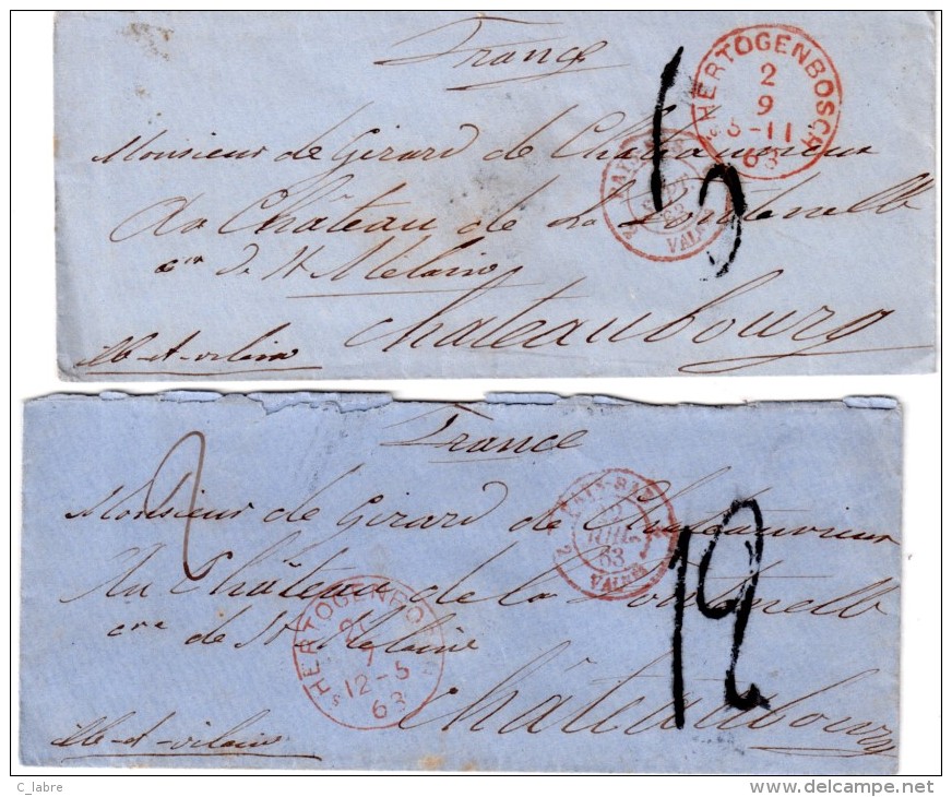 PAYS- BAS : 2 LETTRES . " HERTOGENBOSCH" . TAXEES . POUR " LA FRANCE " . 1863 . - ...-1852 Vorläufer