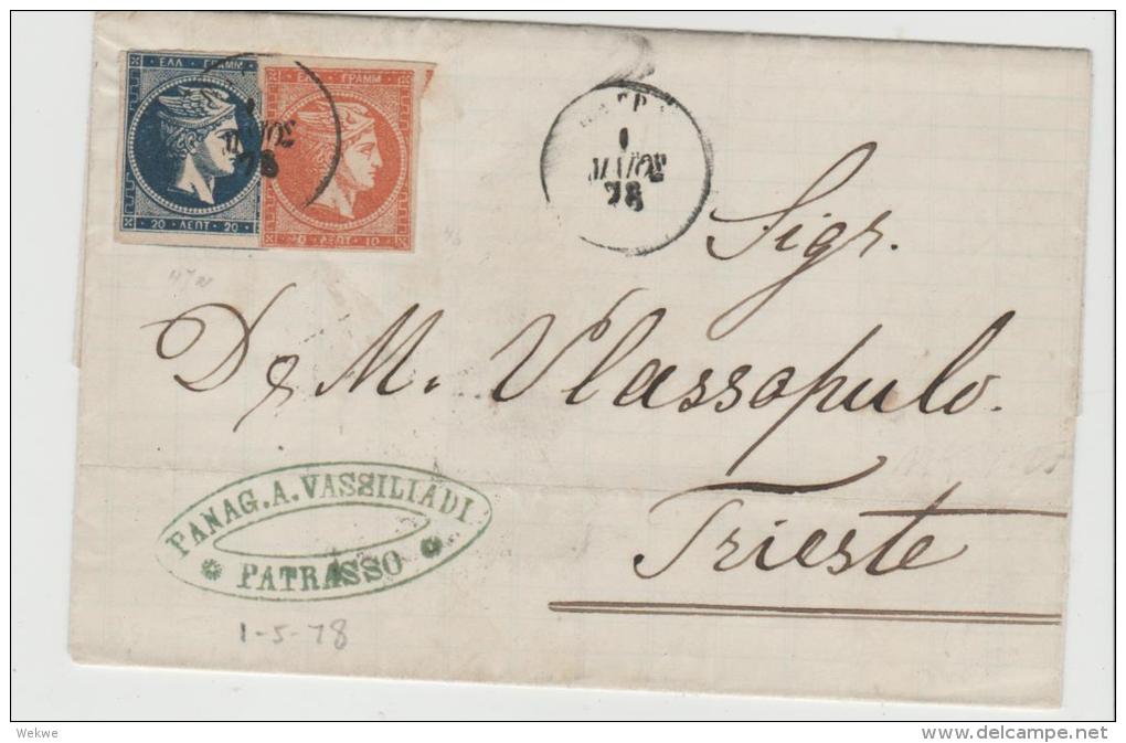 Gr-H008  Griechenland -  Hermes 20 + 40 L. Patras - Trieste 1878 - Lettres & Documents
