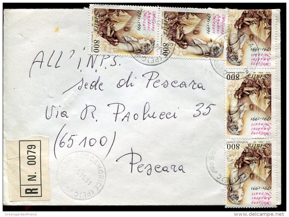 5947 Italia,  Cover Circuled Registsred 191, With 5x Stamp  Amadeus Mozart - Muziek