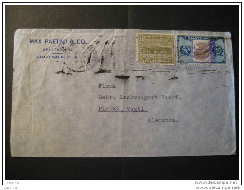 CA 1937 To Plauen Germany 2 Stamp On Cover Guatemala - Guatemala