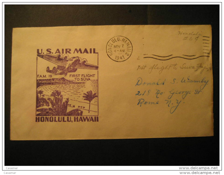 Honolulu 1941 FIRST FLIGHT To Suva FIJI Not Stamped 20c Writed ? HAWAII Cancel Cover USA Hawai - Hawaï