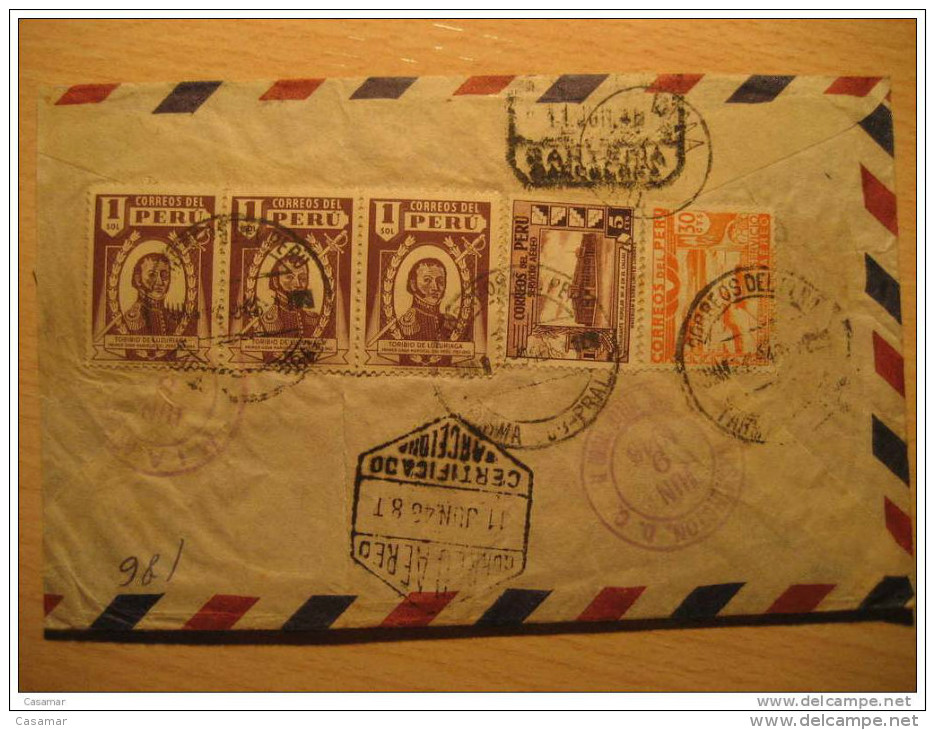 Lima 1946 To Barcelona Spain Via Aerea Air Mail Par Avion Registered Cancel Cover 5 Stamps Peru - Peru