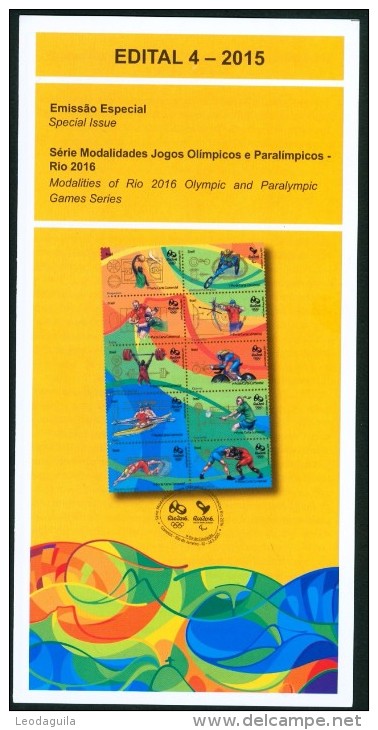 BRAZIL 2015  -  OLYMPIC AND PARALYMPICS GAMES SERIES  1ST  SHEET -  RIO 2016  - OFFICIAL BROCHURE - EDICT #4 - Covers & Documents